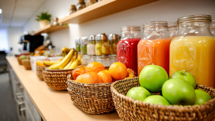 Healthy office snacks: Fruit baskets and fresh juice provide a colorful and nutritious break in the workday.