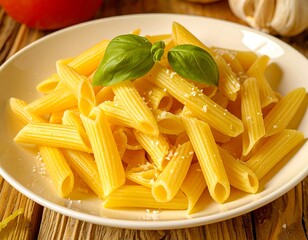 Creamy penne pasta dish topped with grated cheese and fresh basil