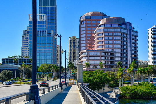 Walking path over Royal Park bridge to downtown West Palm Beach in Palm Beach County, Florida	