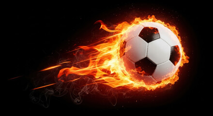 Fototapeta premium Fiery soccer ball blazing through dark background for sports competition promotion graphic design