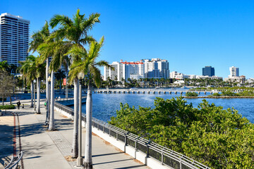 Waterfront walking path along Flagler Dr near downtown West Palm Beach in Palm Beach County, Florida