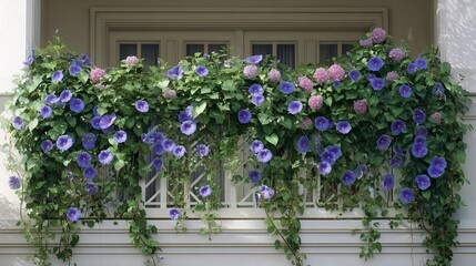 A beautiful balcony overflowing with vibrant blue morning glories and delicate pink blossoms, creating a lush floral display.