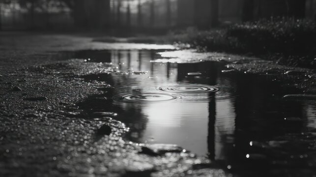 Fototapeta Rainy road puddle black and white