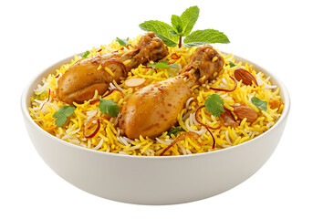 Delicious indian chicken biryani served in a white bowl Isolated on transparent background

