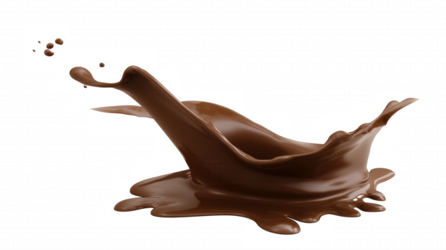 Dynamic chocolate splash frozen in mid-air with transparent background