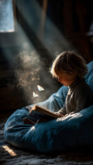 Child engrossed in a book, with magical butterflies emerging from the pages, sunlight streaming through the window.