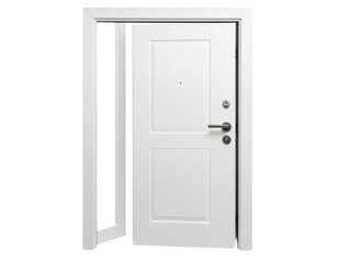 Naklejka premium White Modern Door Slightly Opened, Front View, Isolated on Transparent Background