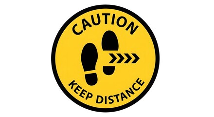 Yellow circular caution sign with black footprints and an arrow, promoting safe physical distancing in public and shared environments for health protocols