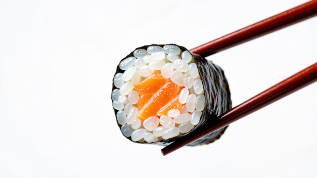 A single piece of salmon maki sushi held by chopsticks on a white background