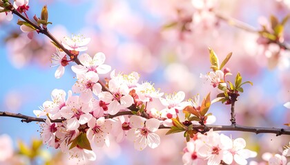 Delicate pink blossoms on a branch against a clear sky