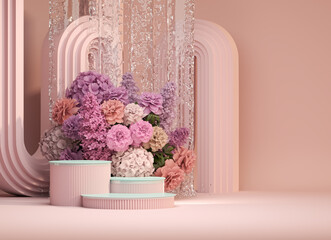 3D podium display, blue pink background with hydrangeas flower and vintage frame. Peonies flower, rose, tulip leaf. Minimal pedestal for beauty, product. Feminine copy space template 3d render	