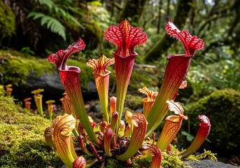 Vibrant pitcher plants in a lush, tropical environment, showcasing intricate patterns and colors.