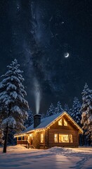 A cozy log cabin, bathed in warm light, sits nestled amongst snowy evergreens under a breathtaking night sky filled with the Milky Way and a crescent moon.