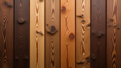 Obraz premium A close-up view of various stained wood planks, showcasing a range of rich brown and golden hues, highlighting the unique wood grain patterns and knots.