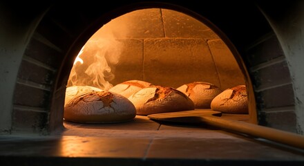 Loaves of artisan bread bake inside a traditional wood-fired brick oven, with a baker's peel nearby, showcasing the warm, rustic process of baking from scratch.