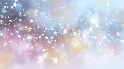 A soft, dreamy background showcases a multitude of sparkling stars against a pastel gradient of light blues, pinks, and yellows.