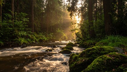 Sunlight streams through misty forest, illuminating a flowing river