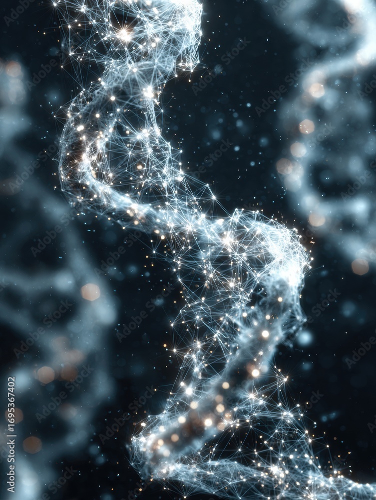 Poster molecular structure depicted as a futuristic digital representation with intricate details in a dark