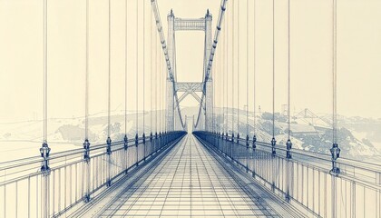 Obraz premium Blueprint X-ray diagram of suspension bridge elevation