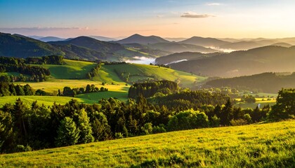 Panoramic view of rolling hills at sunrise