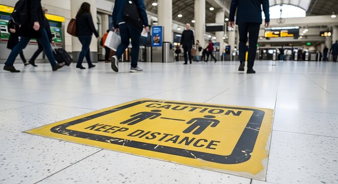 A 'CAUTION KEEP DISTANCE' sign on a public floor reminds people to maintain social distancing in a busy urban environment, emphasizing health safety