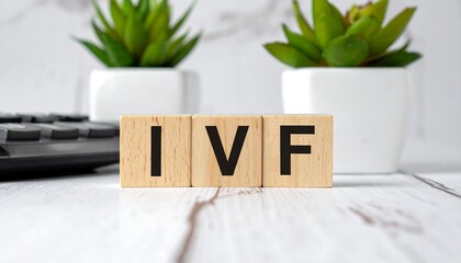 Wooden blocks spelling IVF, on a white table, with potted succulents