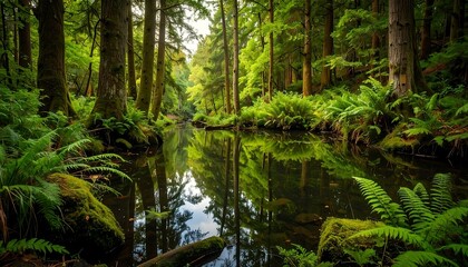A tranquil forest stream reflects the lush greenery of the surrounding trees and ferns, creating a serene and peaceful scene.