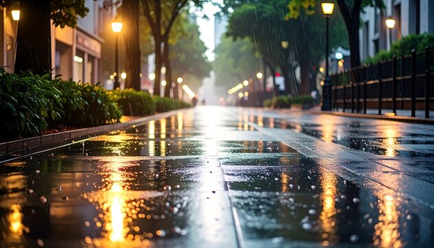 A city street bathed in warm, golden light reflecting off puddles on a rainy evening.