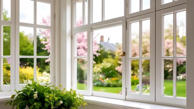 White window frames showcase a lush garden view, with a plant in the foreground