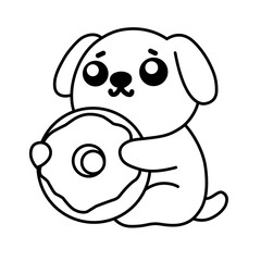 Sketch illustration of a puppy hugging a donut, use this design for icons, stickers or for editing and coloring book purposes. 