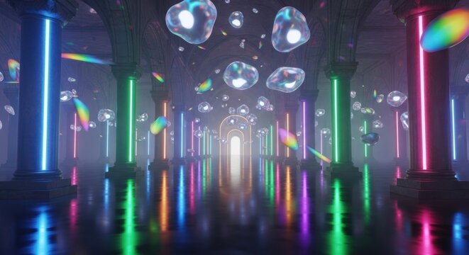 Colorful neon lights illuminate a grand hall with floating iridescent orbs