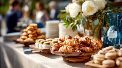 Naklejka premium Elegant breakfast buffet featuring pastries, macarons, and floral arrangements, perfect for a celebratory brunch event.