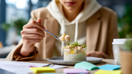 Eating a healthy parfait with chia seeds and fresh greens. A light and nutritious breakfast or snack. Ready to start the day.