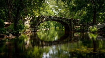 A serene stone arch bridge spans a calm river, reflecting the lush green forest canopy above.