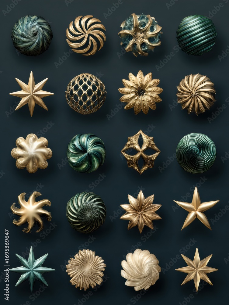 Poster decorative ornamental elements in various shapes and textures arranged on a dark background