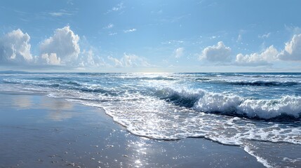Obraz premium A serene beach scene displays gentle ocean waves gently lapping at the shore, beneath a vibrant, cloud-filled sky.