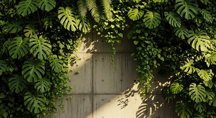 Lush greenery cascading down a light beige concrete wall, highlighting the vibrant hues of tropical foliage.