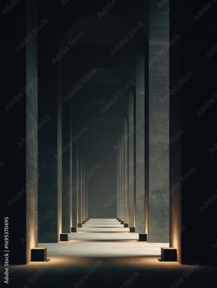 Poster mysterious architectural corridor with dim lighting and elongated shadows in an empty space