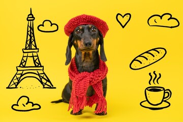 Charming dachshund wearing a red beret and scarf against a yellow backdrop, surrounded by doodles of the eiffel tower, bread, heart, and coffee, evoking a playful french theme.