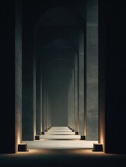 Mysterious Architectural Corridor With Dim Lighting and Elongated Shadows in an Empty Space