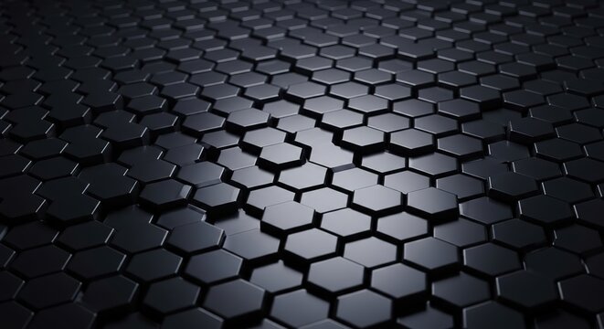 Abstract Black Hexagon Pattern with Reflective Surfaces and Dimi