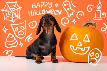 Adorable dachshund puppy sits beside a carved pumpkin with halloween doodles on a vibrant orange background, capturing the festive spirit of the season.
