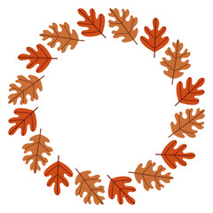 Autumn leaves circle frame. Round border made of fall leaves. The leaves are arranged in a circle. Vector flat isolated on white background.
