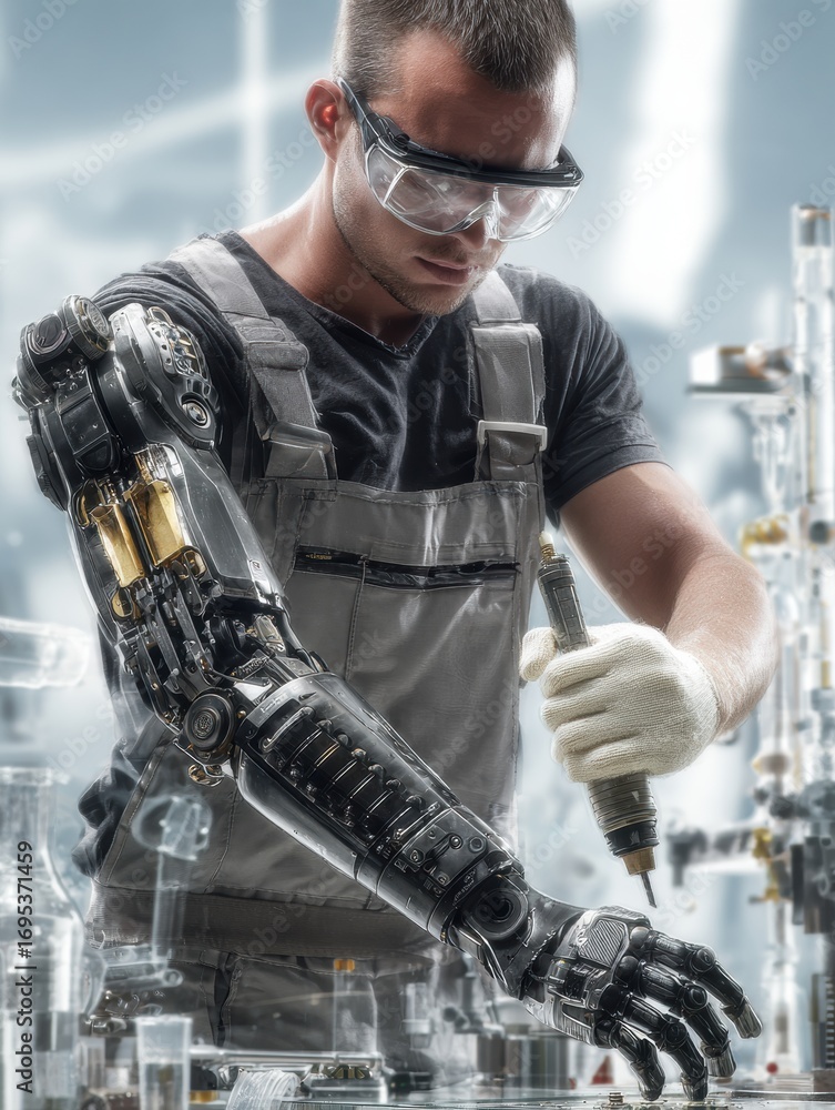 Poster engineer with robotic arm working on tech project in modern laboratory setting