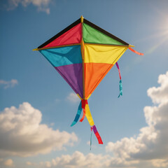 A vibrant traditional kite soars high against a clear blue sky