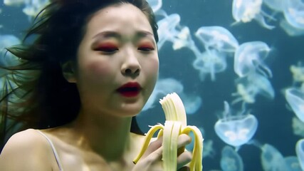 A young woman with red eyeshadow eats a banana underwater surrounded by jellyfish in a surreal, dreamlike scene. - Powered by Adobe