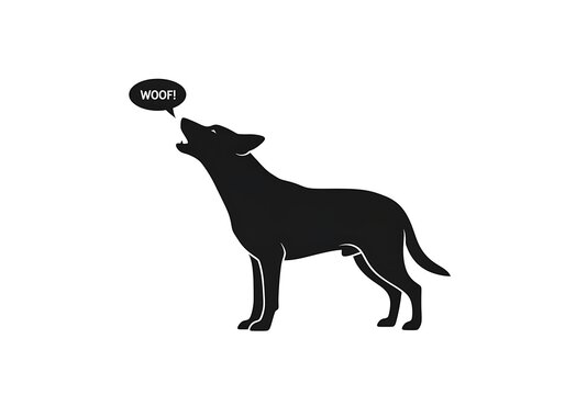A stylized silhouette of a dog howling, with a speech bubble containing the word "woof!".