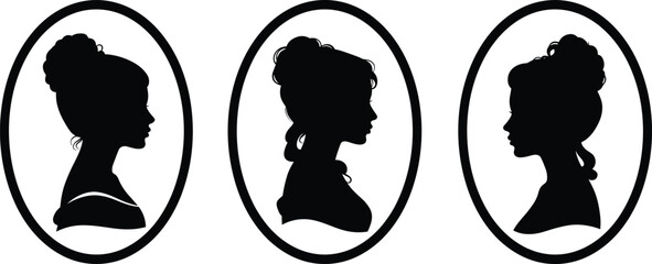 Elegant vintage woman silhouette portraits in oval frames, classic female profile vector illustration, retro cameo design for art, fashion, decor