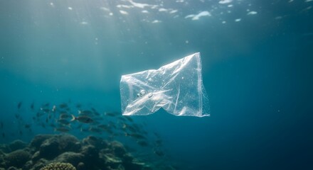 Obraz premium Devastating marine pollution A clear plastic bag floats menacingly in the ocean, threatening marine life and coral reefs