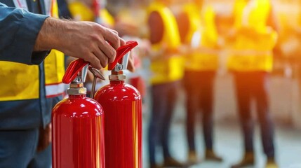 An instructor leading a hands-on safety drill, teaching workers the proper use of fire extinguishers, surrounded by safety equipment, on blurred background